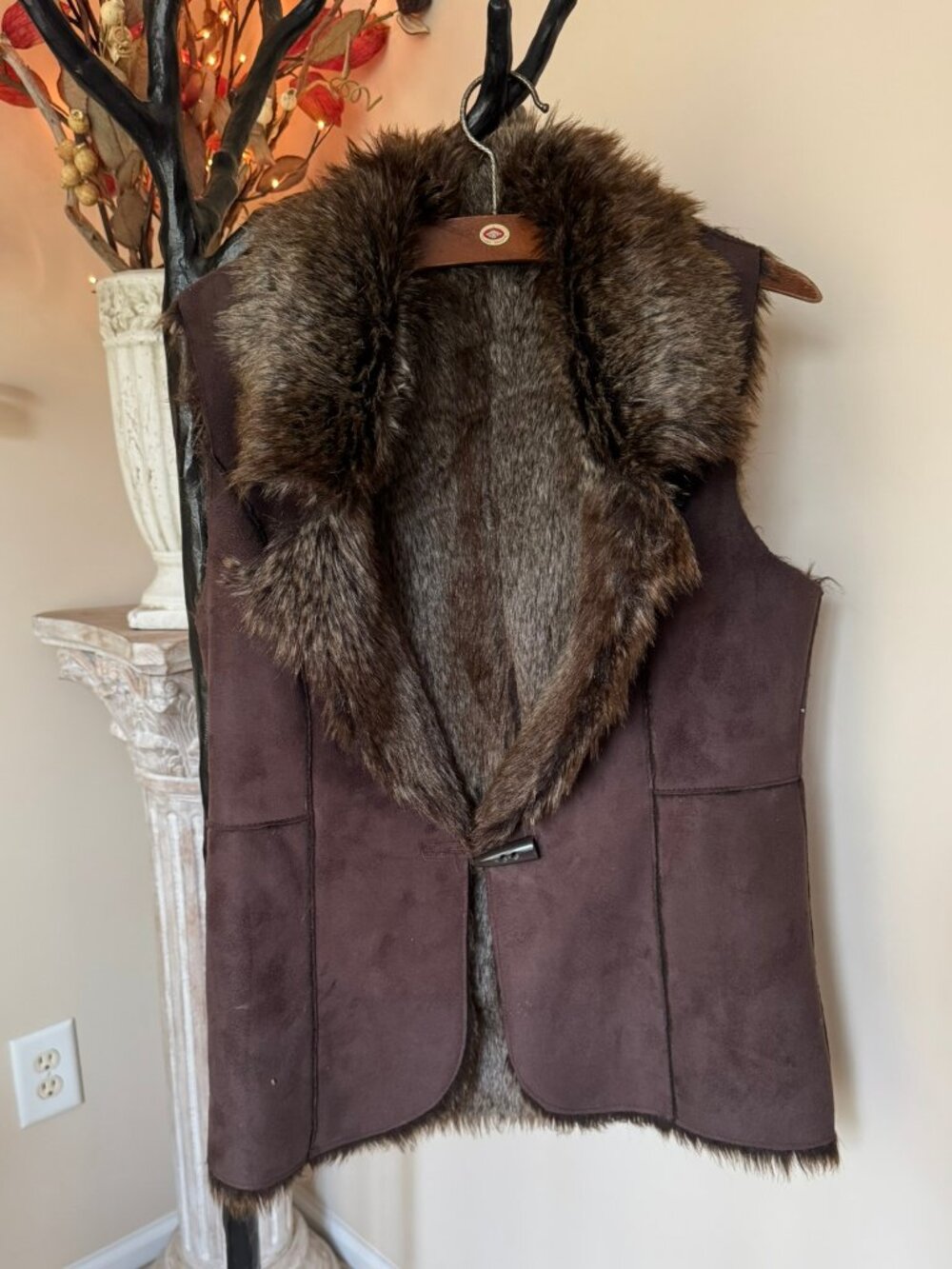 Brown fake fur vest with toggle closure